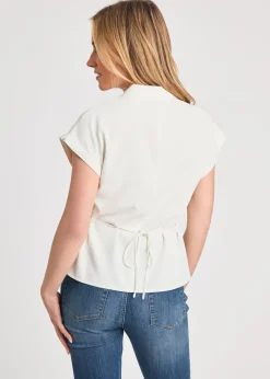 Tops>French Connection White V-Neck Button Up Short Sleeve Crepe Blouse