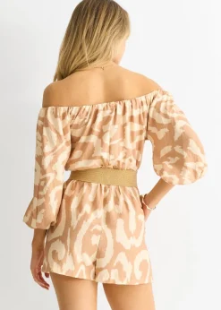 Jumpsuits & Playsuits>Gini London Beige Abstract Belted Bardot Viscose Playsuit