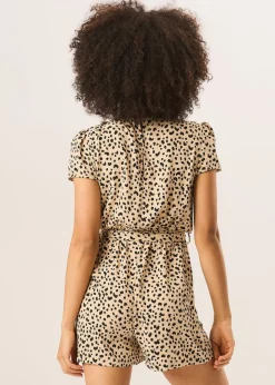 Jumpsuits & Playsuits>Gini London Beige Animal Print Belted Wrap Playsuit
