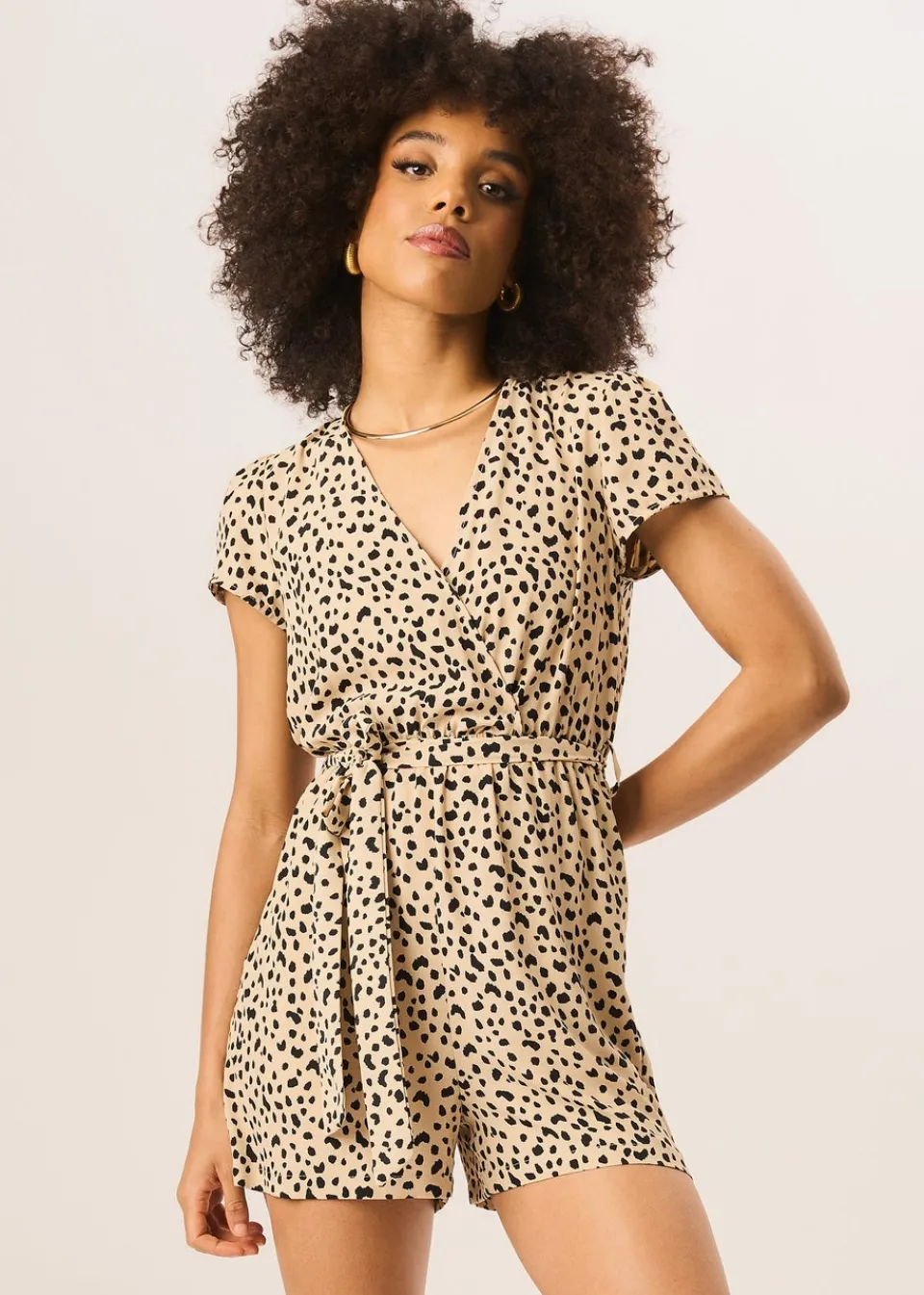 Jumpsuits & Playsuits>Gini London Beige Animal Print Belted Wrap Playsuit
