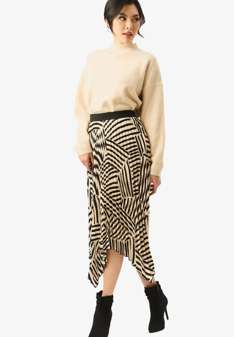 Skirts>Gini London Beige Assymetric Hem Pleated Midi Skirt