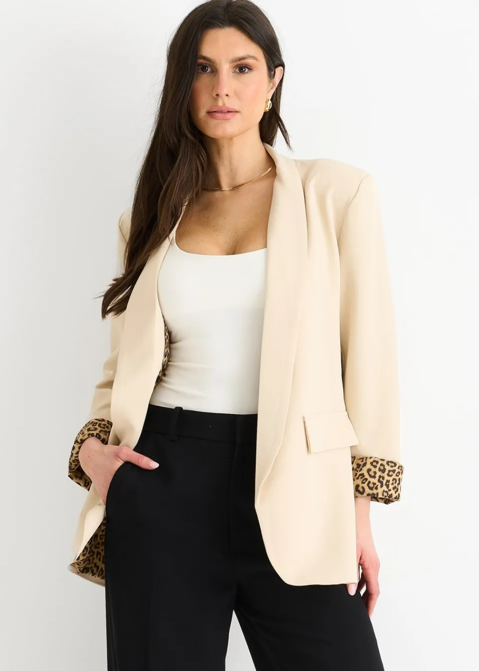 Coats & Jackets>Gini London Beige Contrast Animal Edge To Edge Blazer