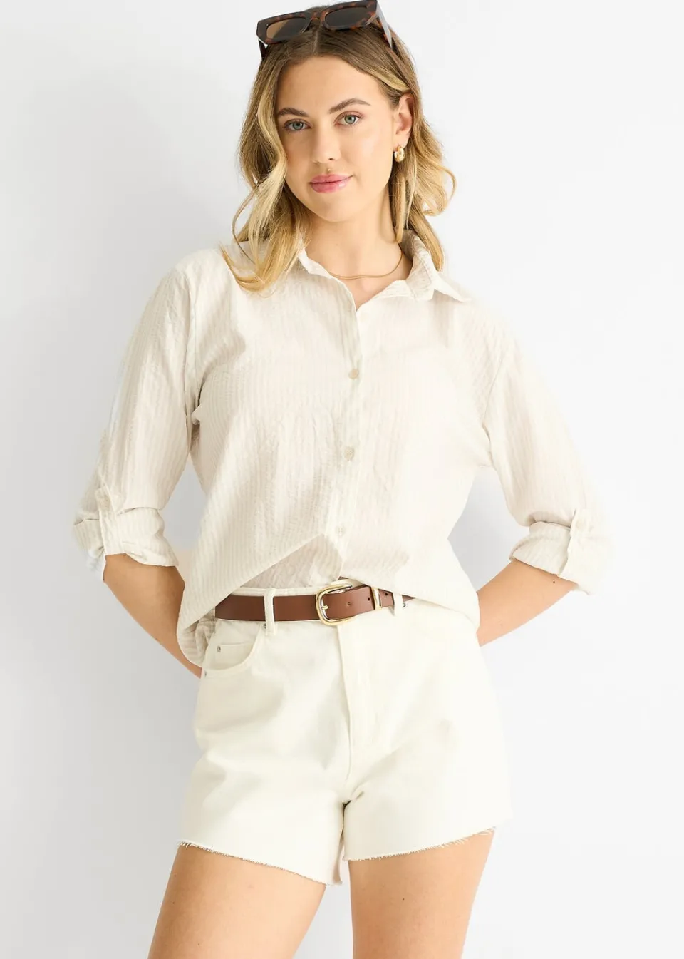 Tops>Gini London Beige Cotton Stripe Roll Up Sleeves Shirt