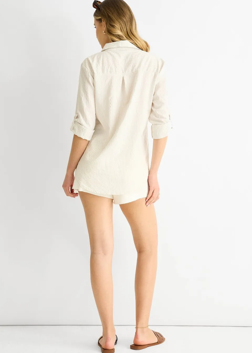 Tops>Gini London Beige Cotton Stripe Roll Up Sleeves Shirt