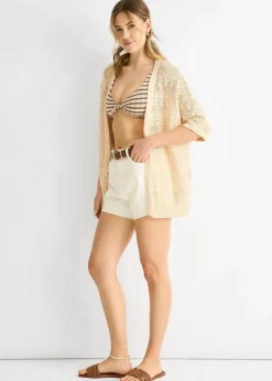 Tops>Gini London Beige Crochet Knit Edge to Edge Cardigan