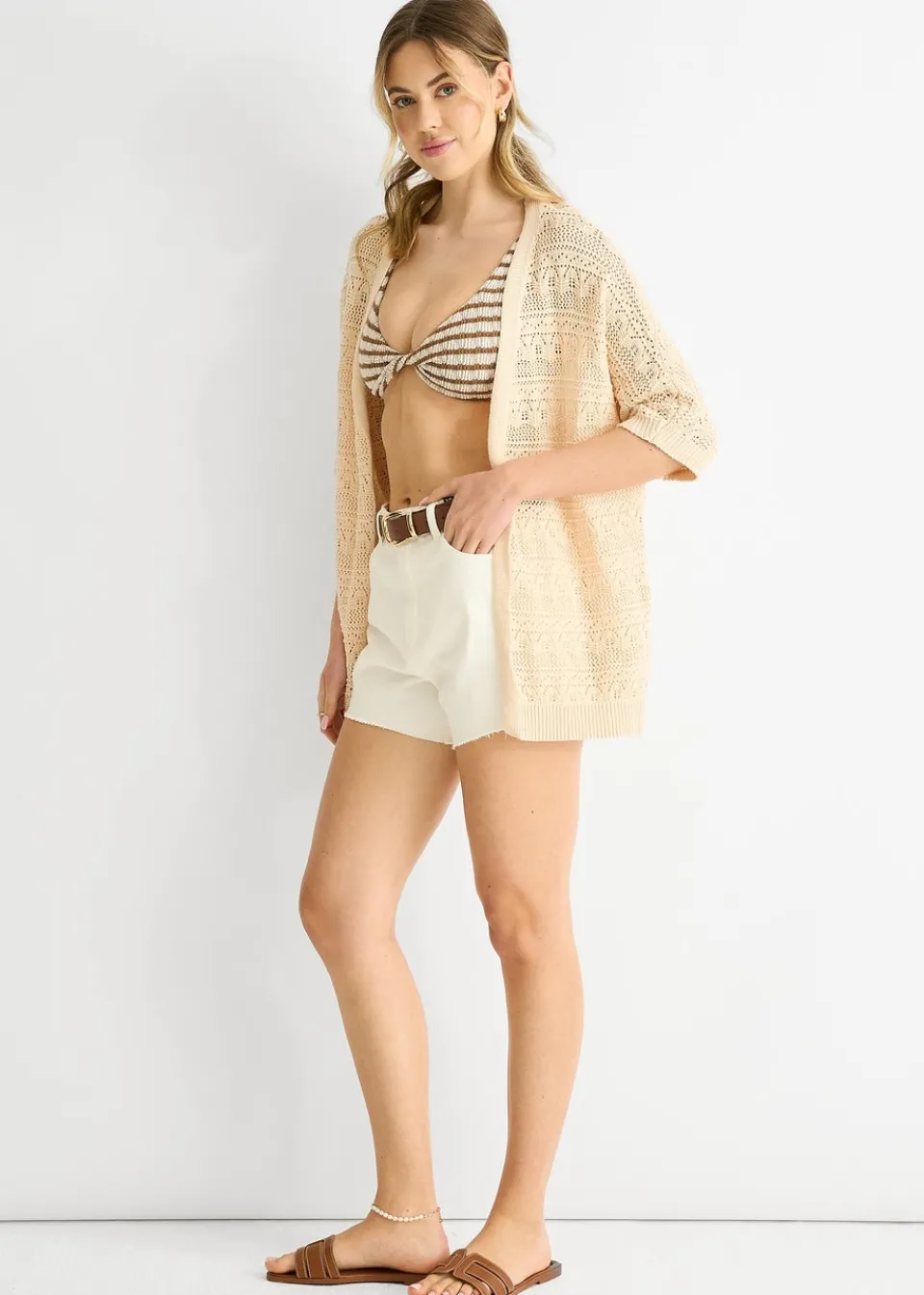 Tops>Gini London Beige Crochet Knit Edge to Edge Cardigan