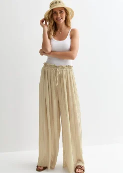 Trousers>Gini London Beige Elasticated Waist Plisse Wide Led Trouser