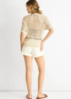 T-Shirts>Gini London Beige Fish Net Heart Pattern Crochet Top