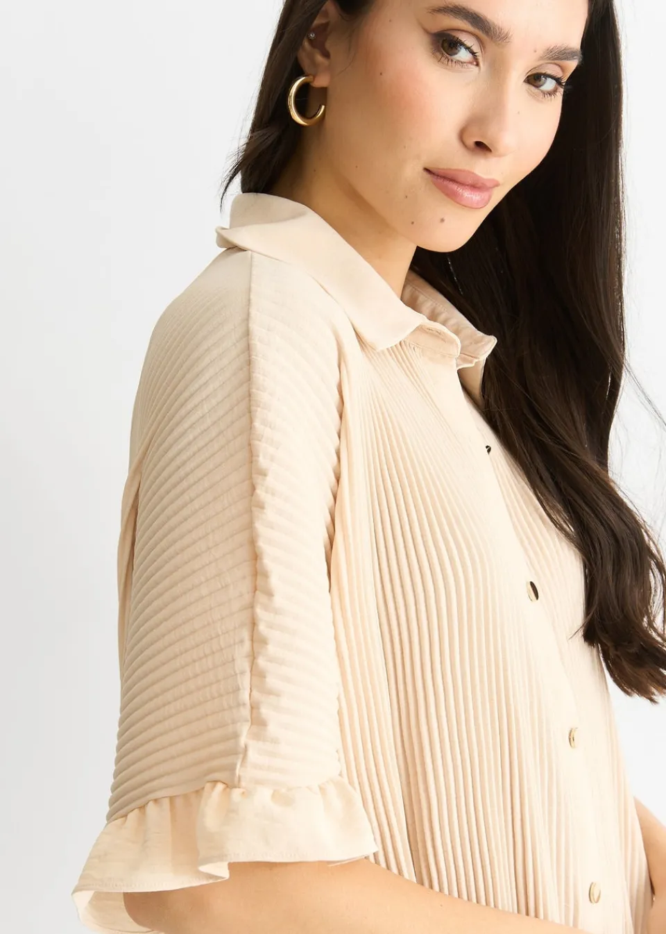 T-Shirts>Gini London Beige Plisse Frill Detail Oversized Shirt Dress
