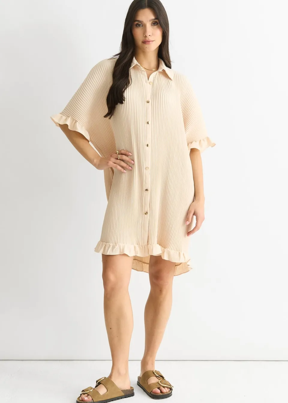 T-Shirts>Gini London Beige Plisse Frill Detail Oversized Shirt Dress