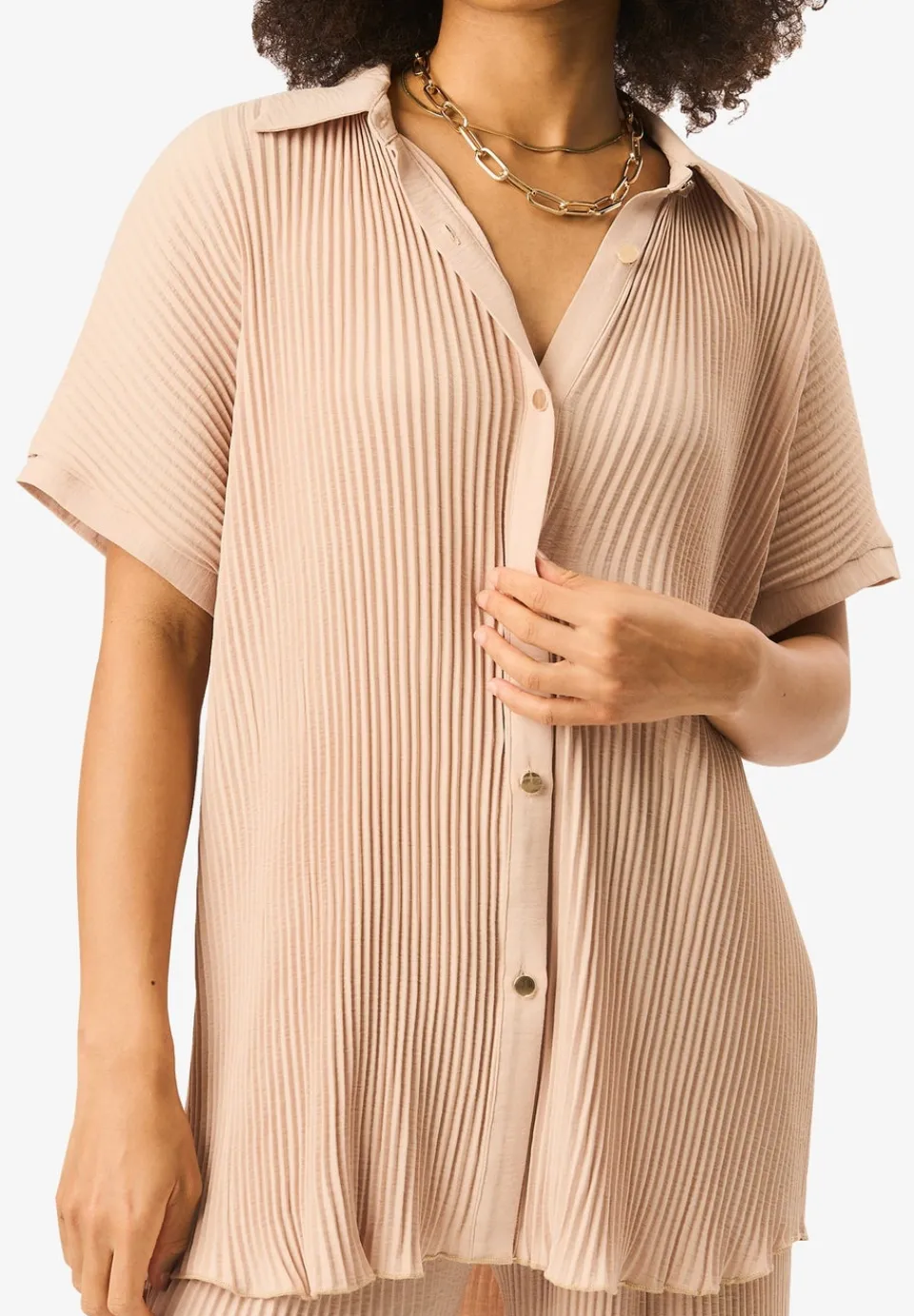 Tops>Gini London Beige Plisse Short Sleeve Oversized Shirt