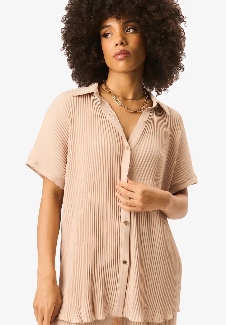 Tops>Gini London Beige Plisse Short Sleeve Oversized Shirt