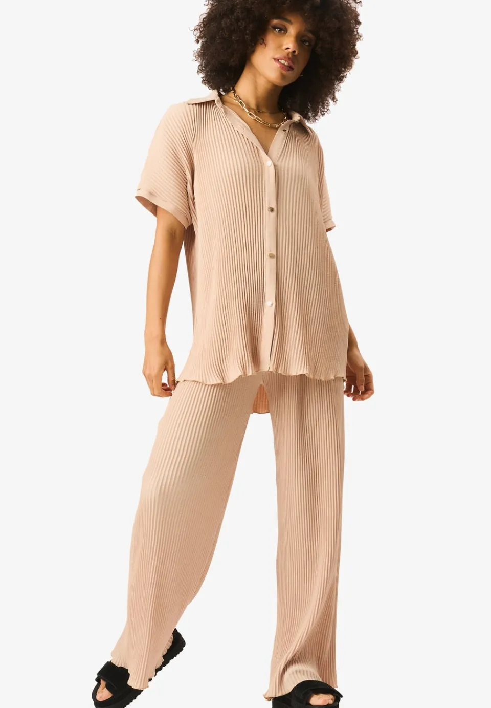 Tops>Gini London Beige Plisse Short Sleeve Oversized Shirt
