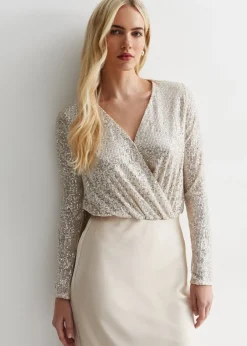 Tops>Gini London Beige Sequin Wrap Long Sleeves Bodysuit