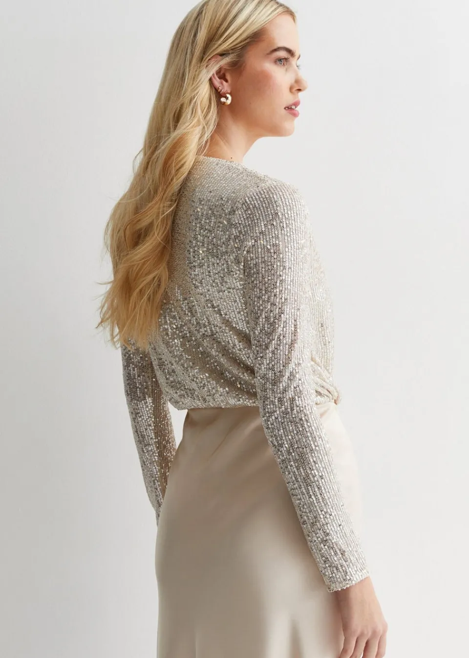 Tops>Gini London Beige Sequin Wrap Long Sleeves Bodysuit