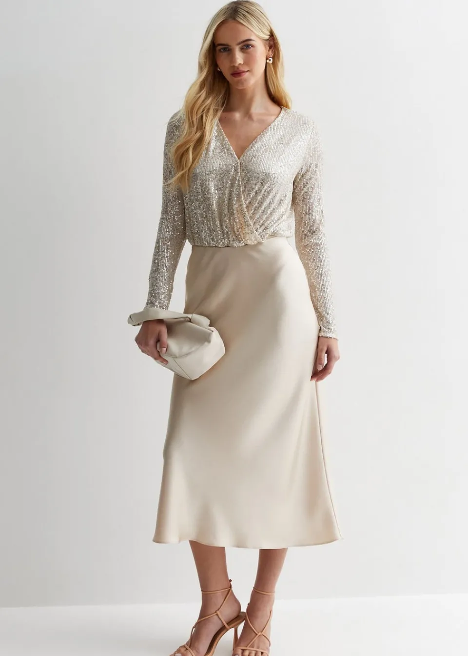 Tops>Gini London Beige Sequin Wrap Long Sleeves Bodysuit