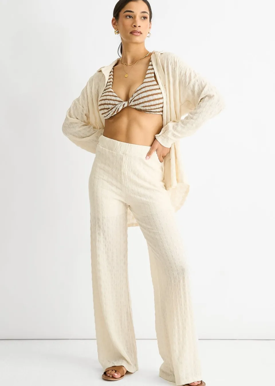 Trousers>Gini London Beige Textured Elasticated Waist Flared Trousers
