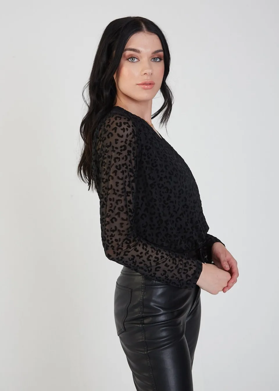 Tops>Gini London Black Animal Pattern Burnout Long sleeve Bodysuit