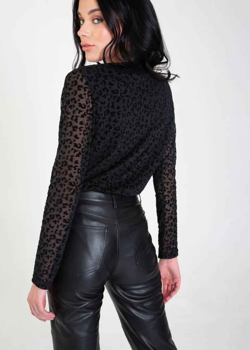 Tops>Gini London Black Animal Pattern Burnout Long sleeve Bodysuit