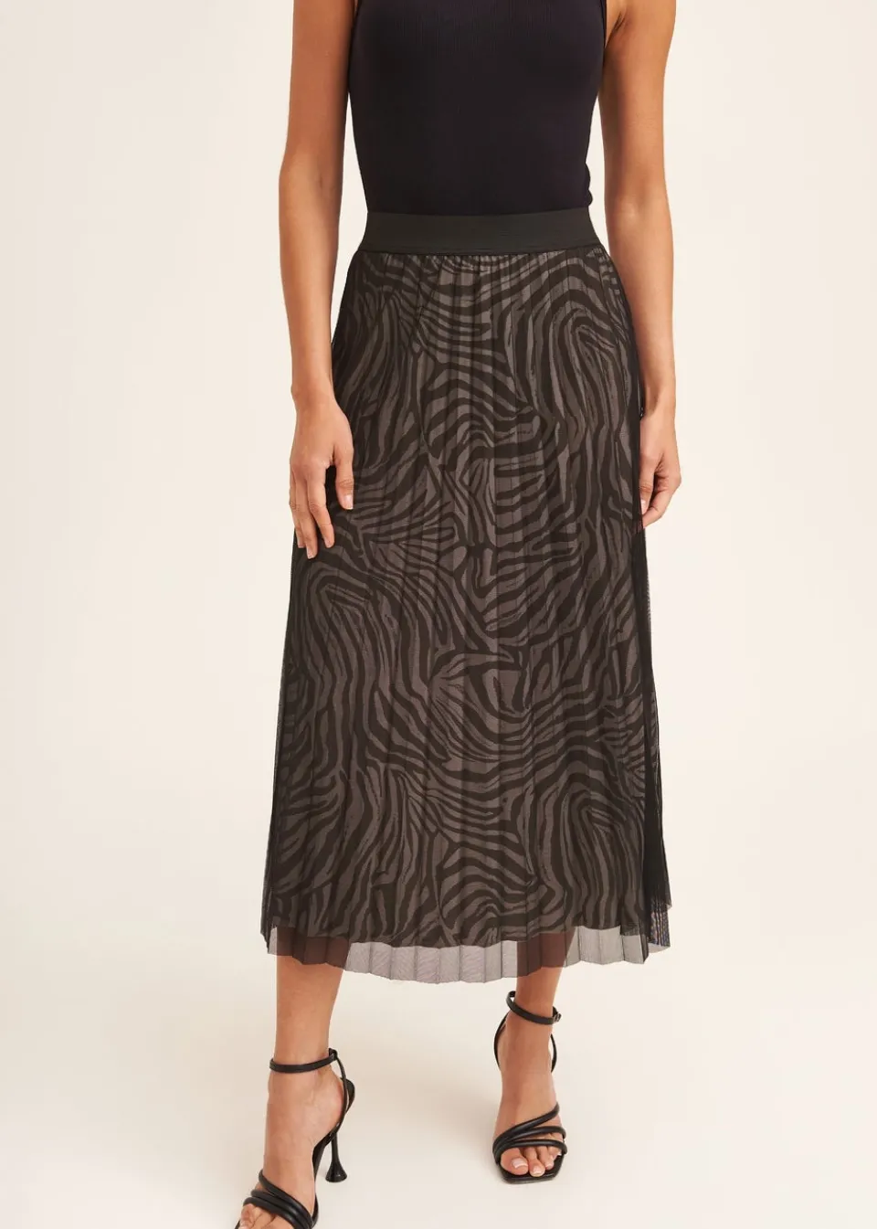 Skirts>Gini London Black Animal Print Mesh Overlay Pleated Midi Skirt