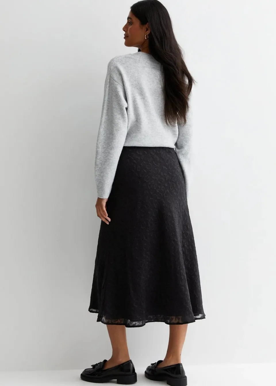 Skirts>Gini London Black Animal Print Jacquard Bias Midi Skirt