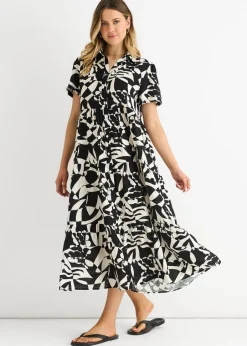 Dresses>Gini London Black Aztec Print Oversized Smock Midi Dress