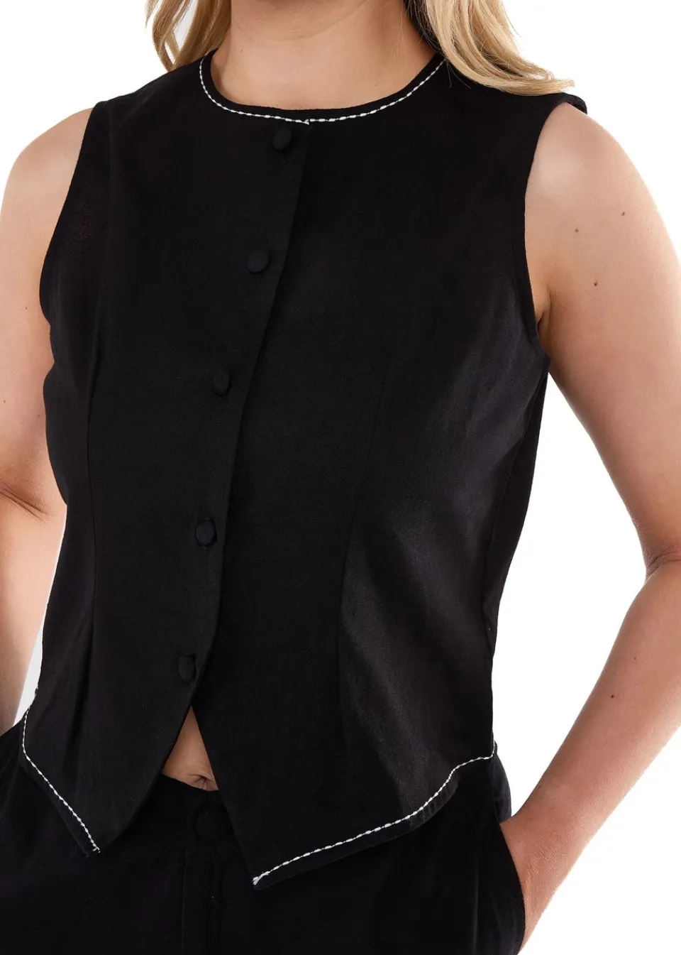 Tops>Gini London Black Cotton Contrast Stitch Detail Waist Coat