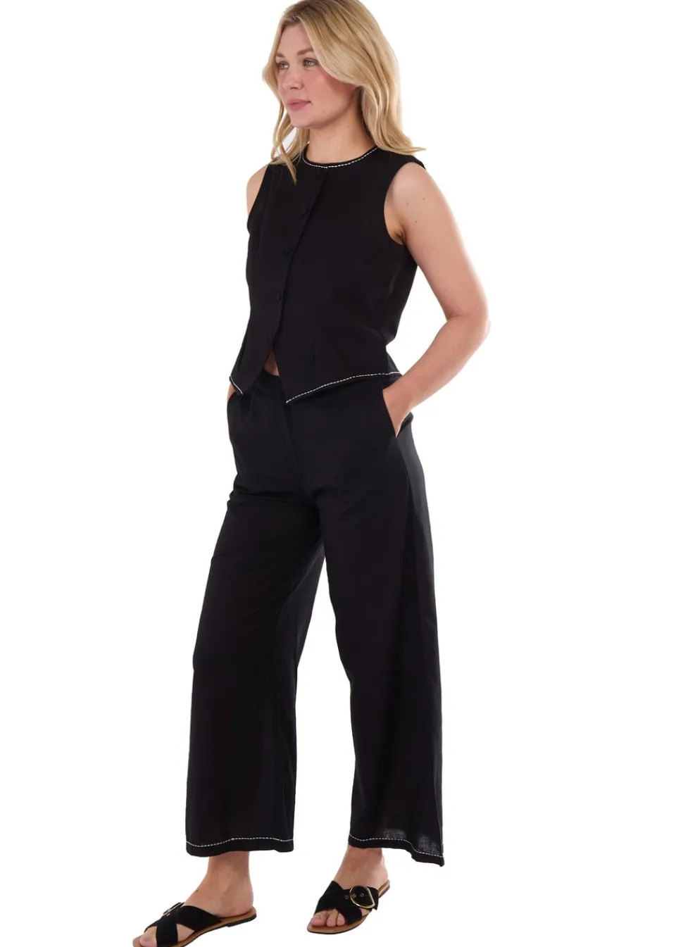 Tops>Gini London Black Cotton Contrast Stitch Detail Waist Coat