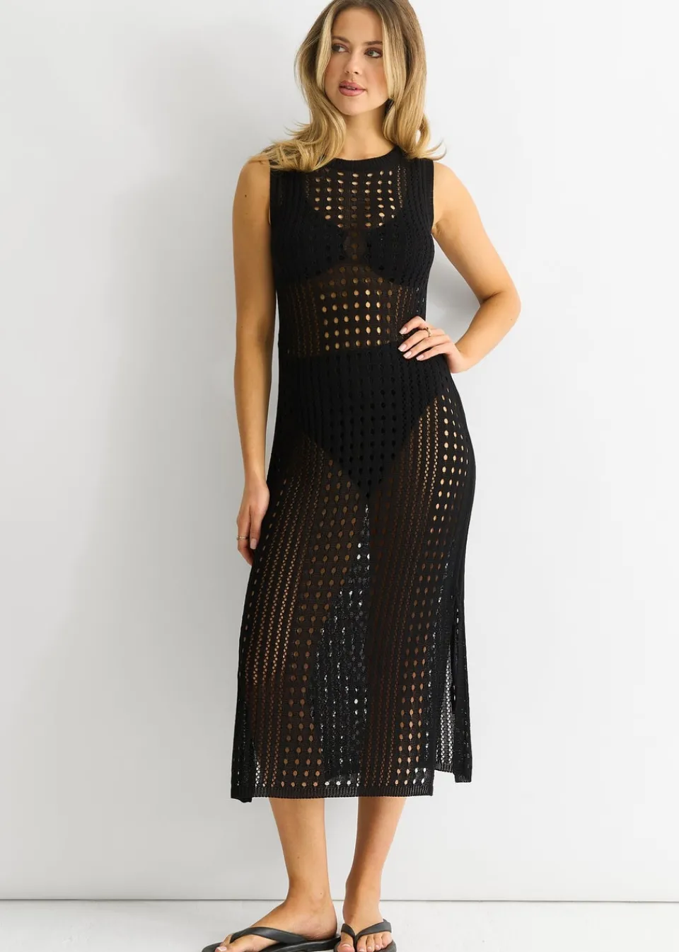 Dresses>Gini London Black Crochet Knit Bodycon Midi Dress
