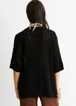 Tops>Gini London Black Crochet Knit Edge to Edge Cardigan