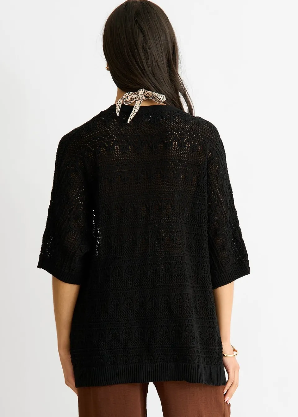Tops>Gini London Black Crochet Knit Edge to Edge Cardigan