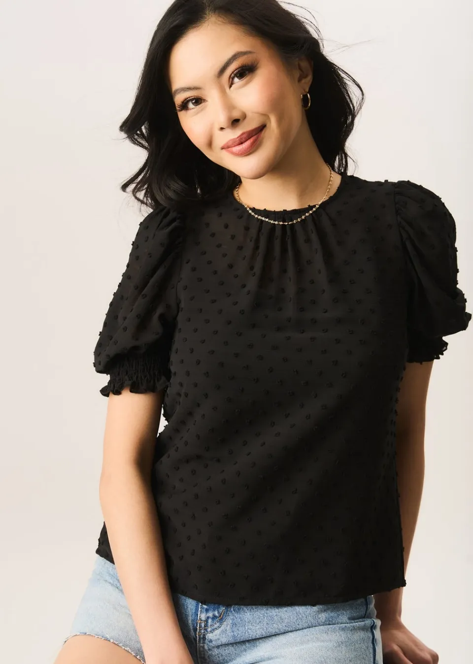 Tops>Gini London Black Dobby Chiffon Shirred Cuff Blouse