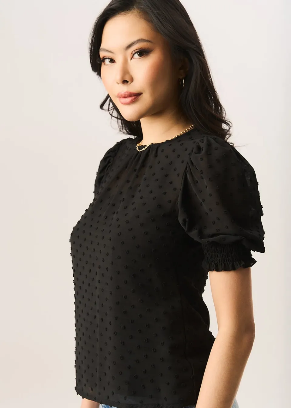 Tops>Gini London Black Dobby Chiffon Shirred Cuff Blouse
