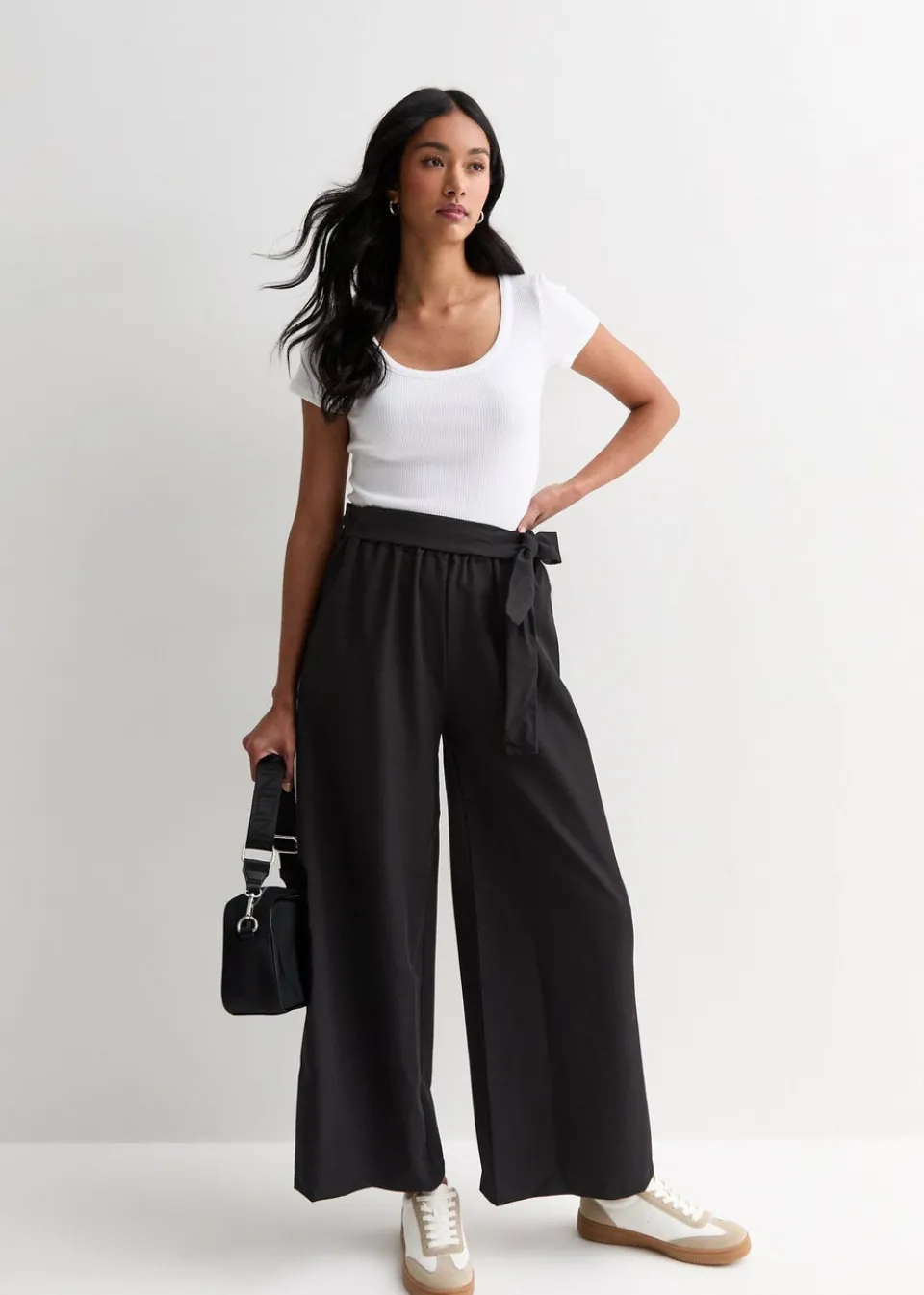Trousers>Gini London Black Elasticated Wide leg Tie detail Trousers