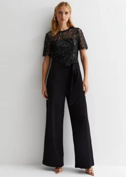 Jumpsuits & Playsuits>Gini London Black Floral Lace Sequin Belted Occasion Jumpsuit