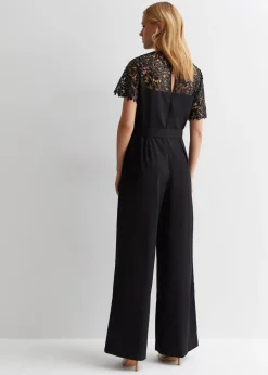 Jumpsuits & Playsuits>Gini London Black Floral Lace Sequin Belted Occasion Jumpsuit
