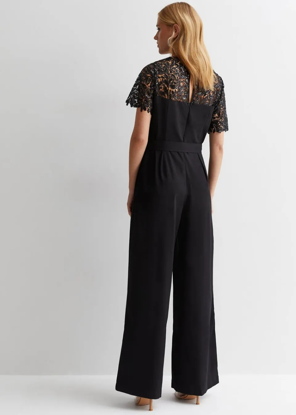 Jumpsuits & Playsuits>Gini London Black Floral Lace Sequin Belted Occasion Jumpsuit