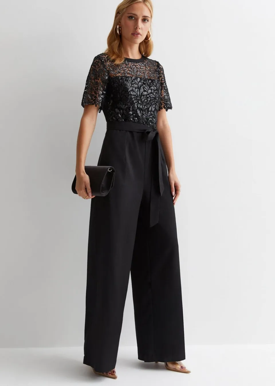 Jumpsuits & Playsuits>Gini London Black Floral Lace Sequin Belted Occasion Jumpsuit