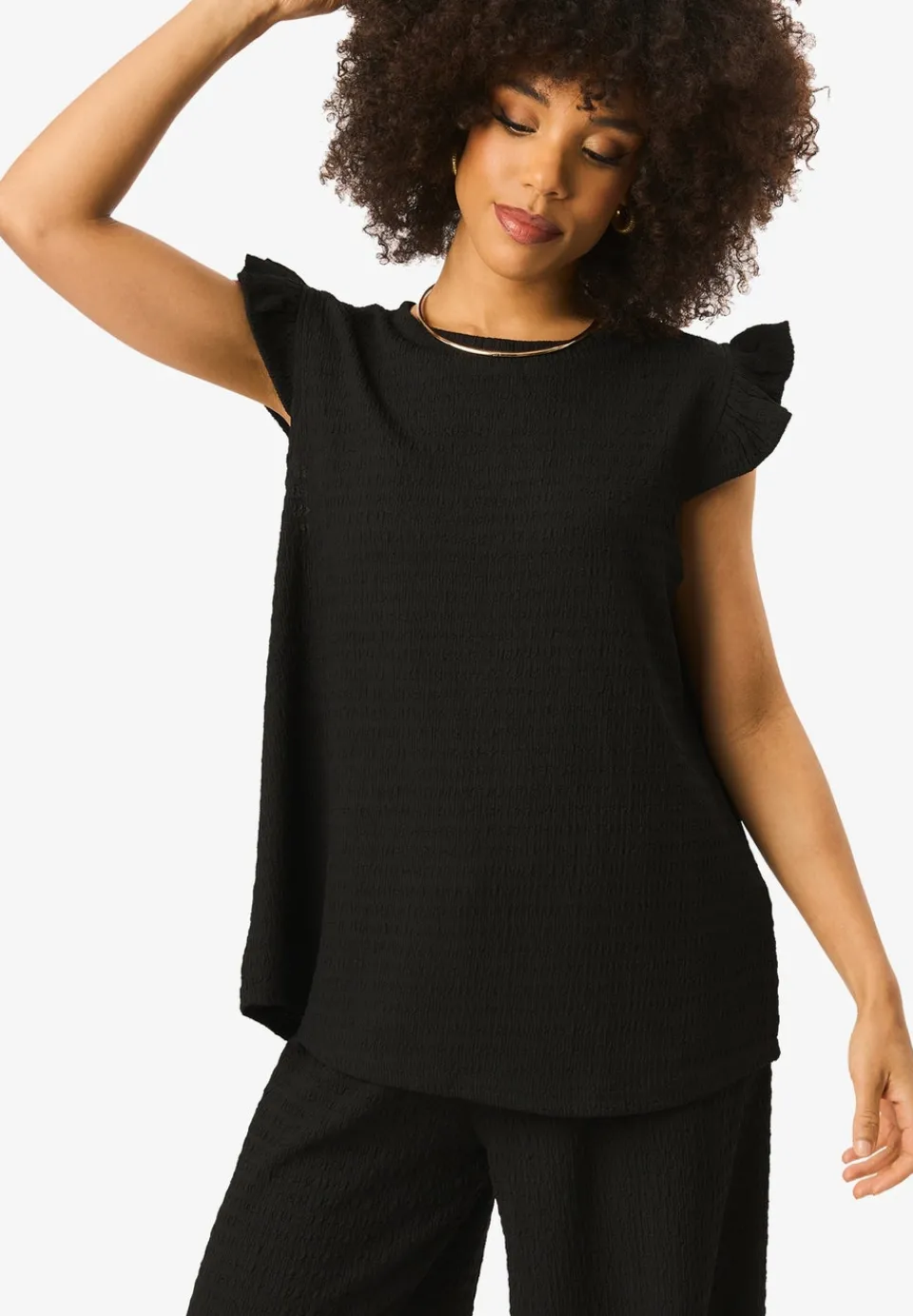 Tops>Gini London Black Frill Sleeves Textured Oversized Top