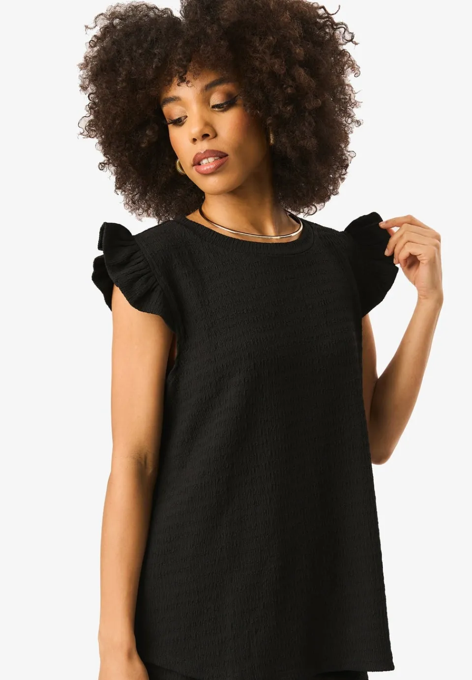 Tops>Gini London Black Frill Sleeves Textured Oversized Top