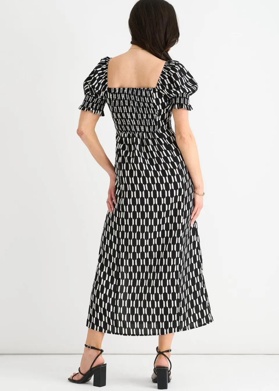 Dresses>Gini London Black Geo Print Square Neck Midi Dress
