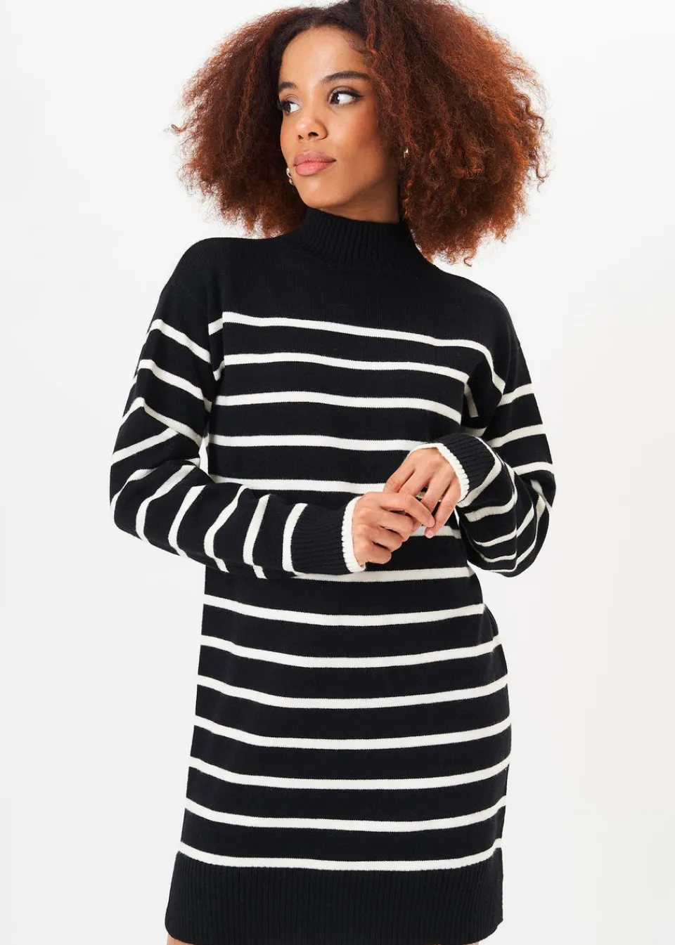 Knitwear>Gini London Black High Neck Stripe Oversized Tunic Dress