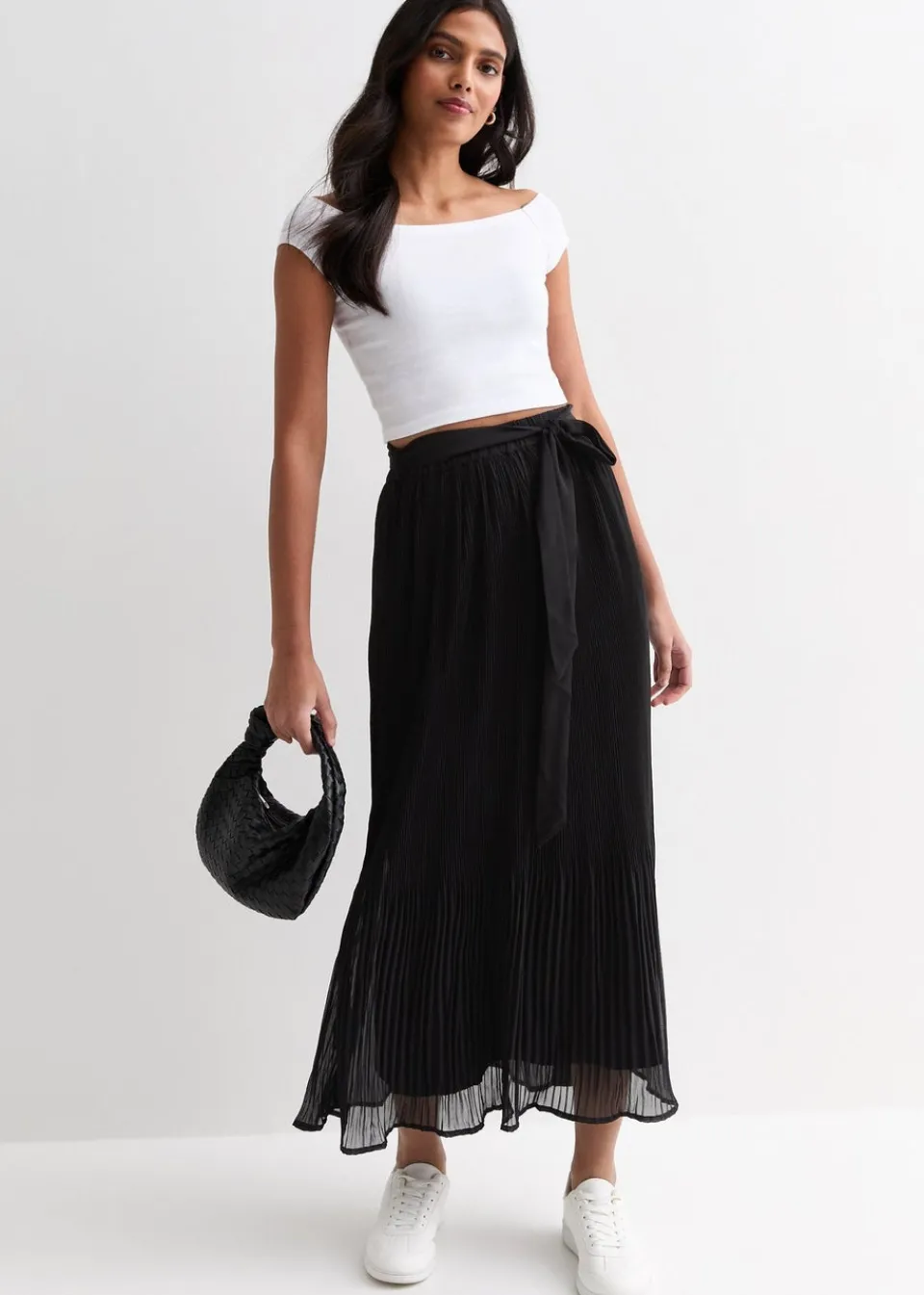 Skirts>Gini London Black Pleated Belt Detail Midi Skirt