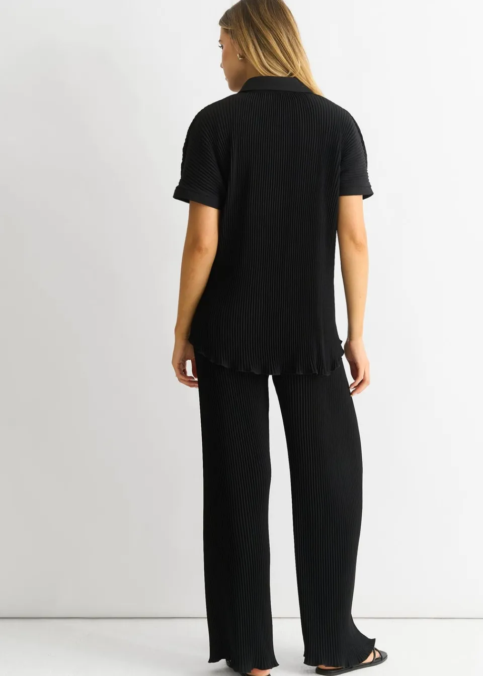 Trousers>Gini London Black Plisse Loungewear Wide Leg Trousers