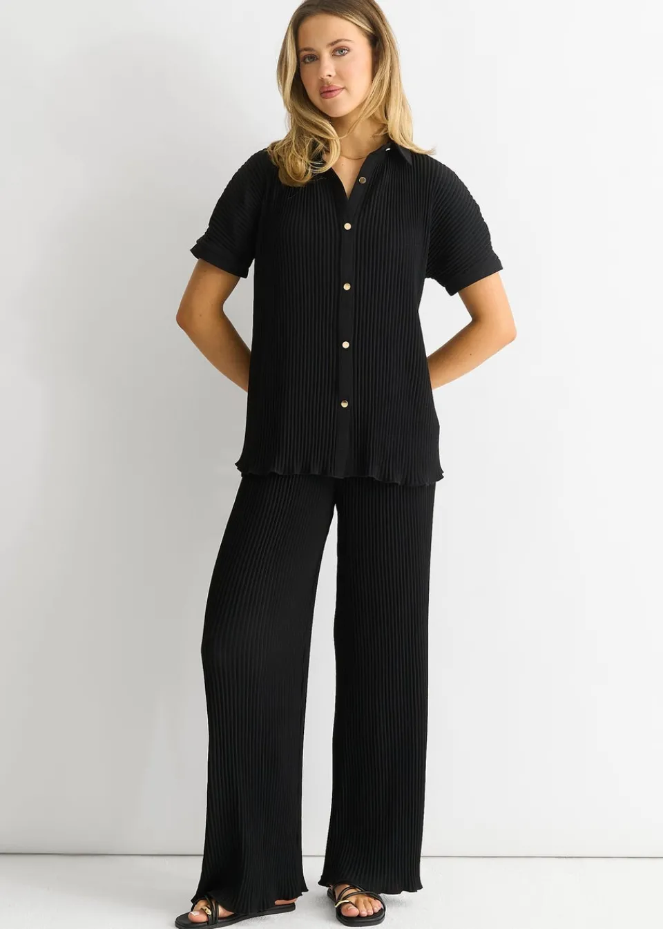 Trousers>Gini London Black Plisse Loungewear Wide Leg Trousers