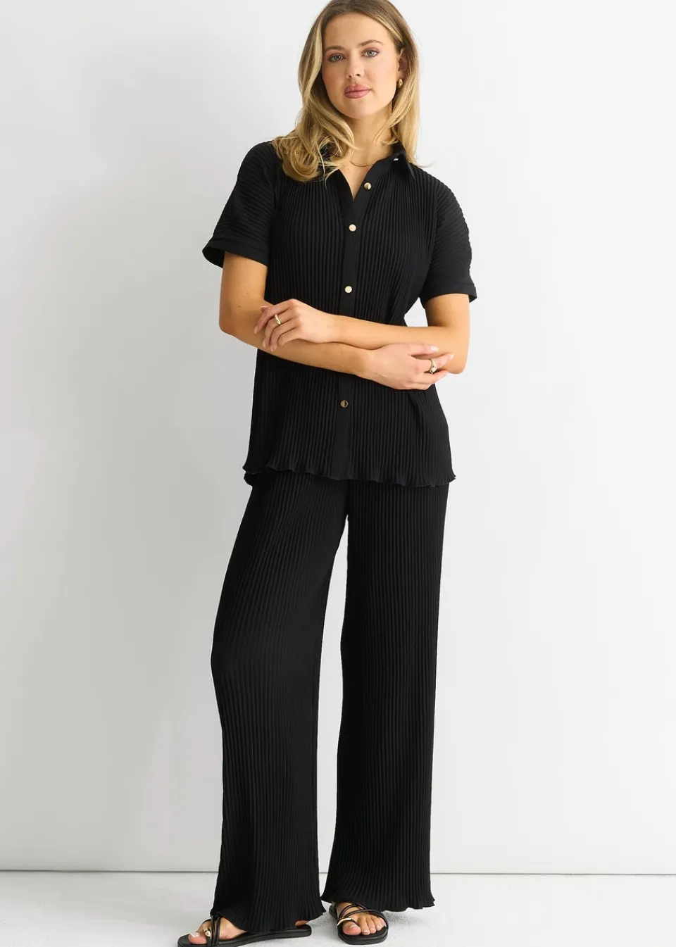 Trousers>Gini London Black Plisse Loungewear Wide Leg Trousers