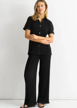 Tops>Gini London Black Plisse Short Sleeve Oversized Shirt
