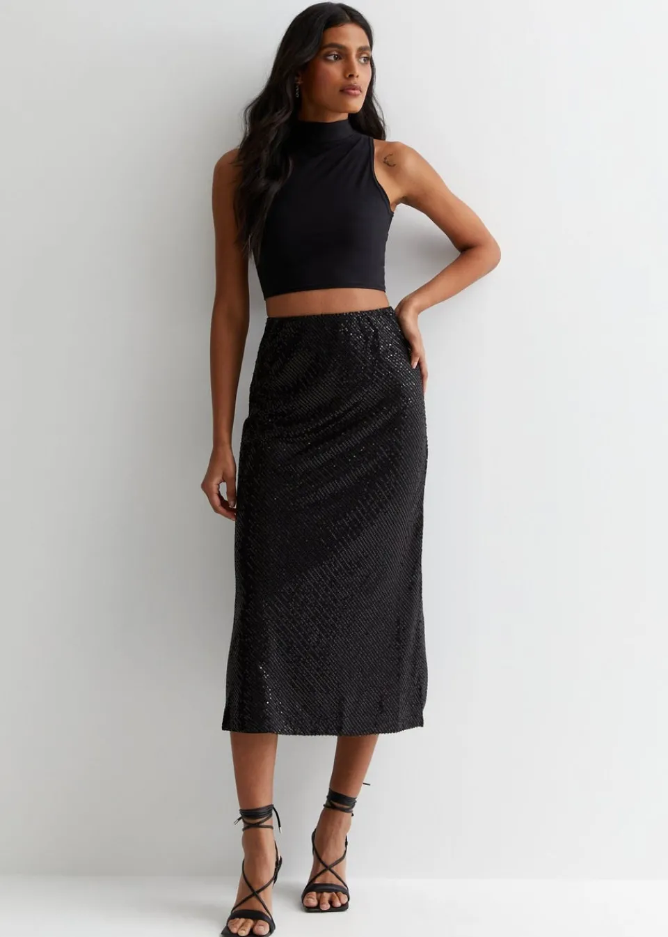 Skirts>Gini London Black Sequin Bias Midi Skirt