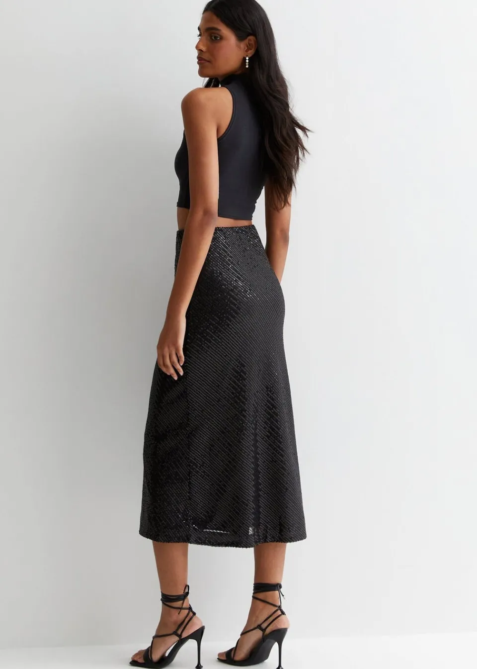 Skirts>Gini London Black Sequin Bias Midi Skirt