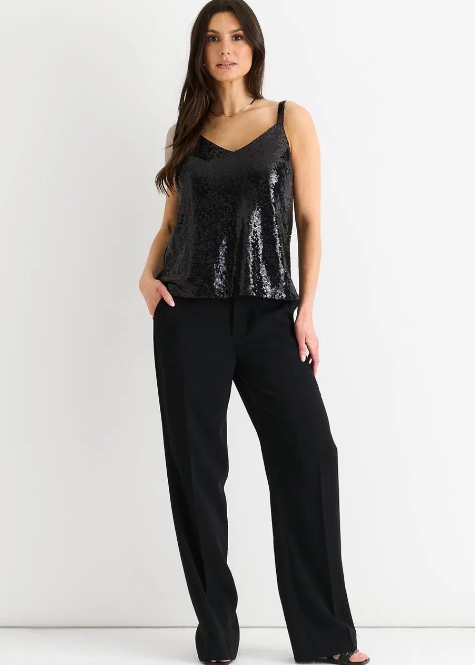 Tops>Gini London Black Sequin V Neck Cami Top
